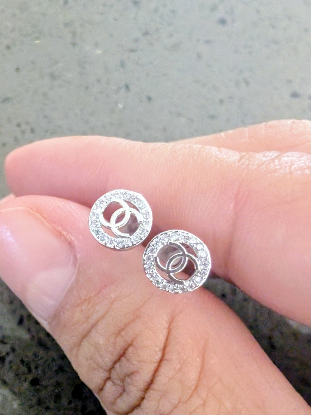 Silver Crystal Logo Circle Stud Earrings CC Style